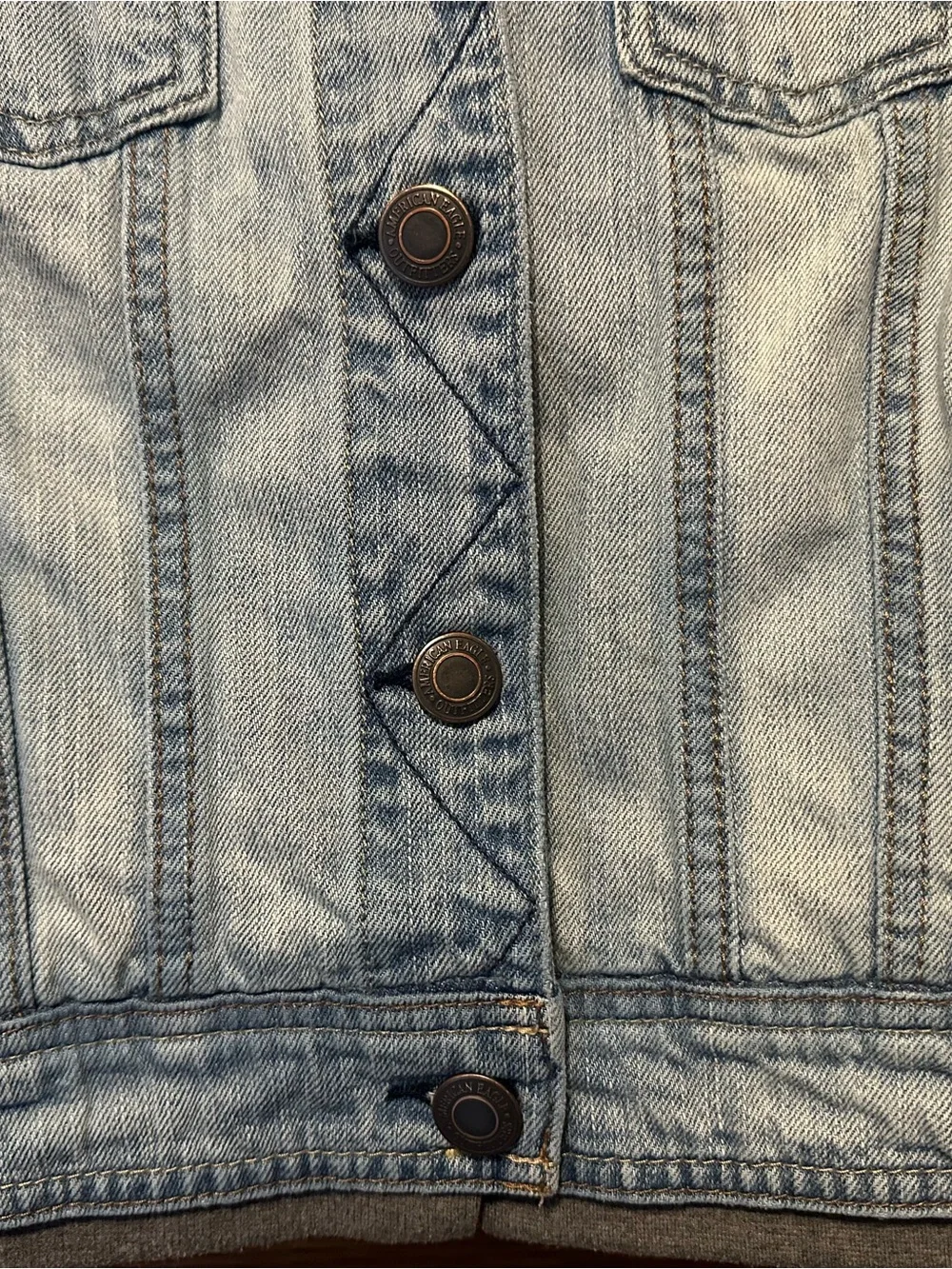 American Eagle Outfitters Light Blue Denim Jacket with Gray Knit Sleeves